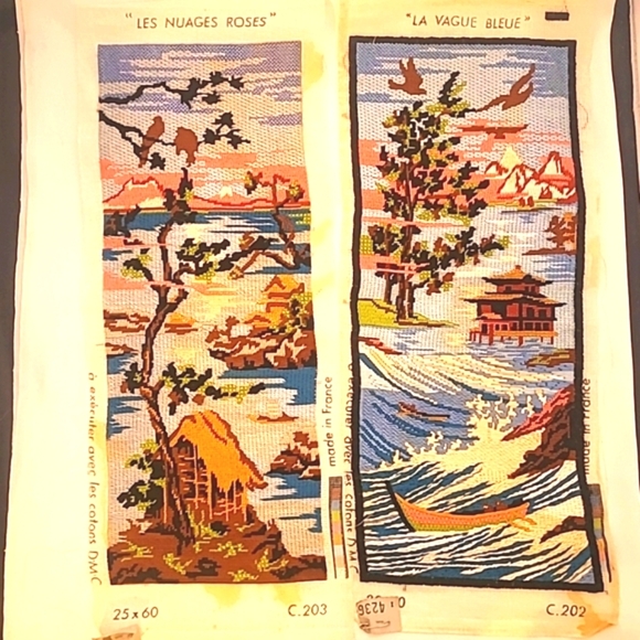 2 French Tapestries Needlepoint Vintage Handmade on Cotton Asian Style Design - Picture 1 of 9